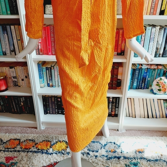 Topshop Premium Plisse Tie Back Orange Yellow Midi Summer Dress P1292 - Picture 9 of 12